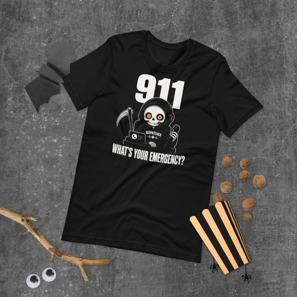 911 What's Your Emergency Tee mockup — Black