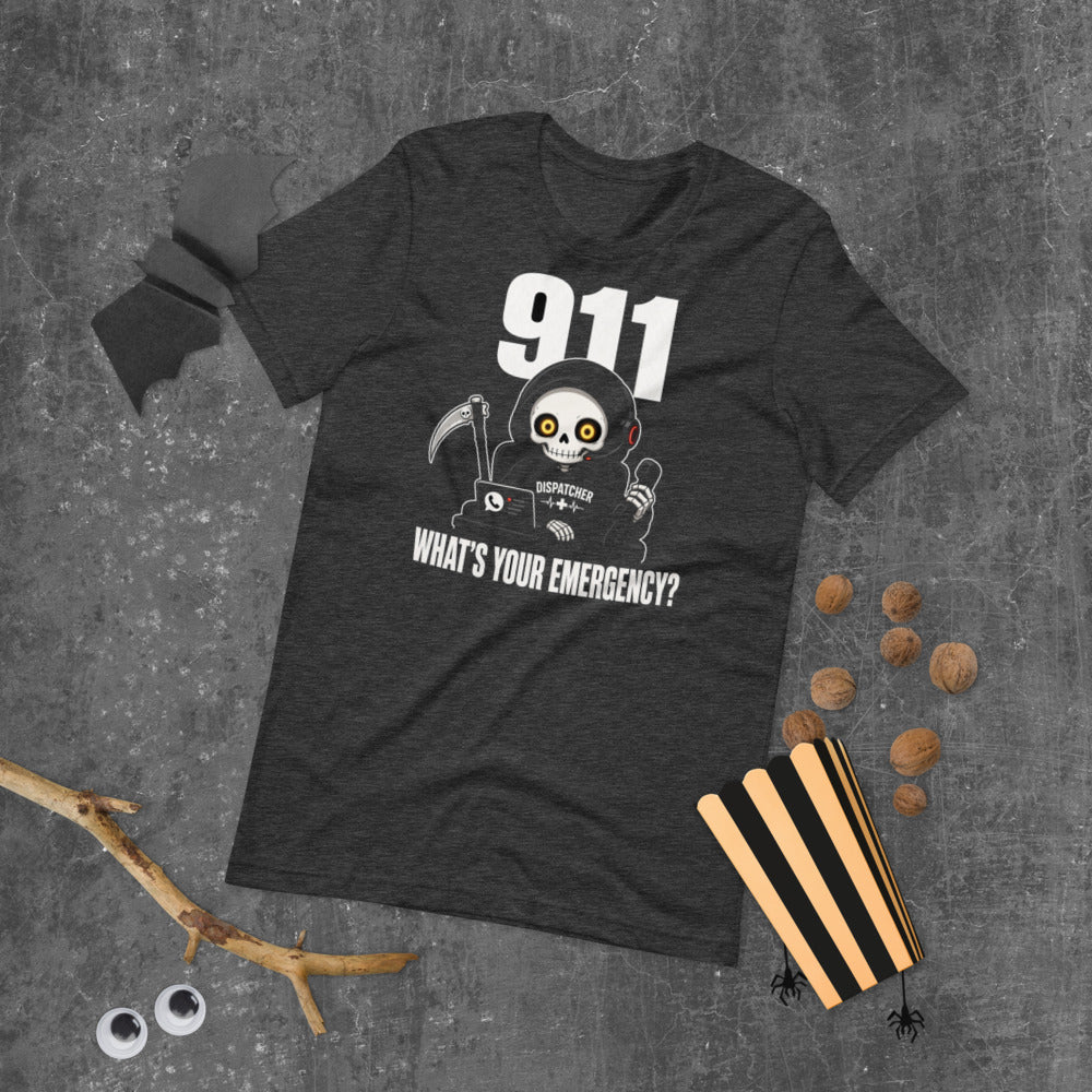 911 What's Your Emergency Tee mockup — Charcoal