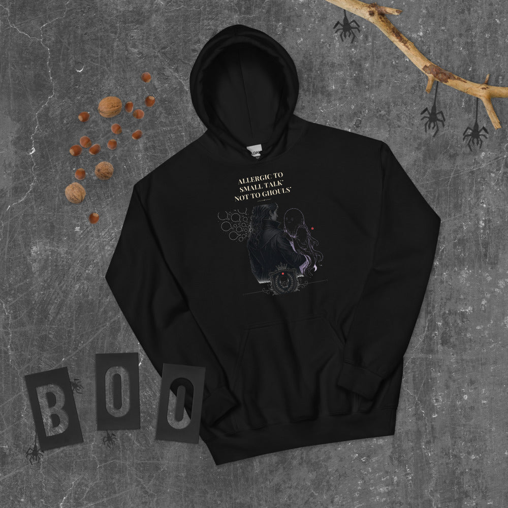 Allergic to Small Talk Not to Ghouls Hoodie mockup — Black