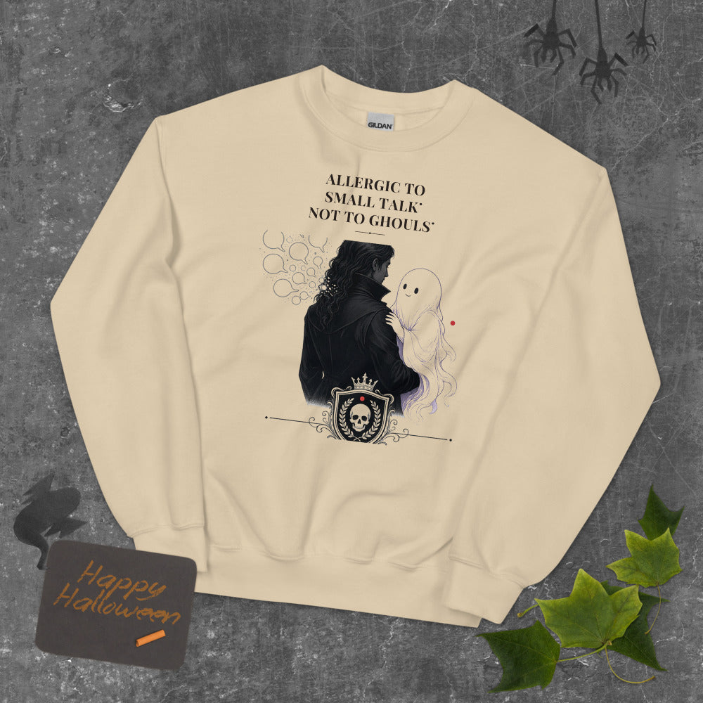 Allergic to Small Talk Not to Ghouls Sweatshirt mockup — Cream