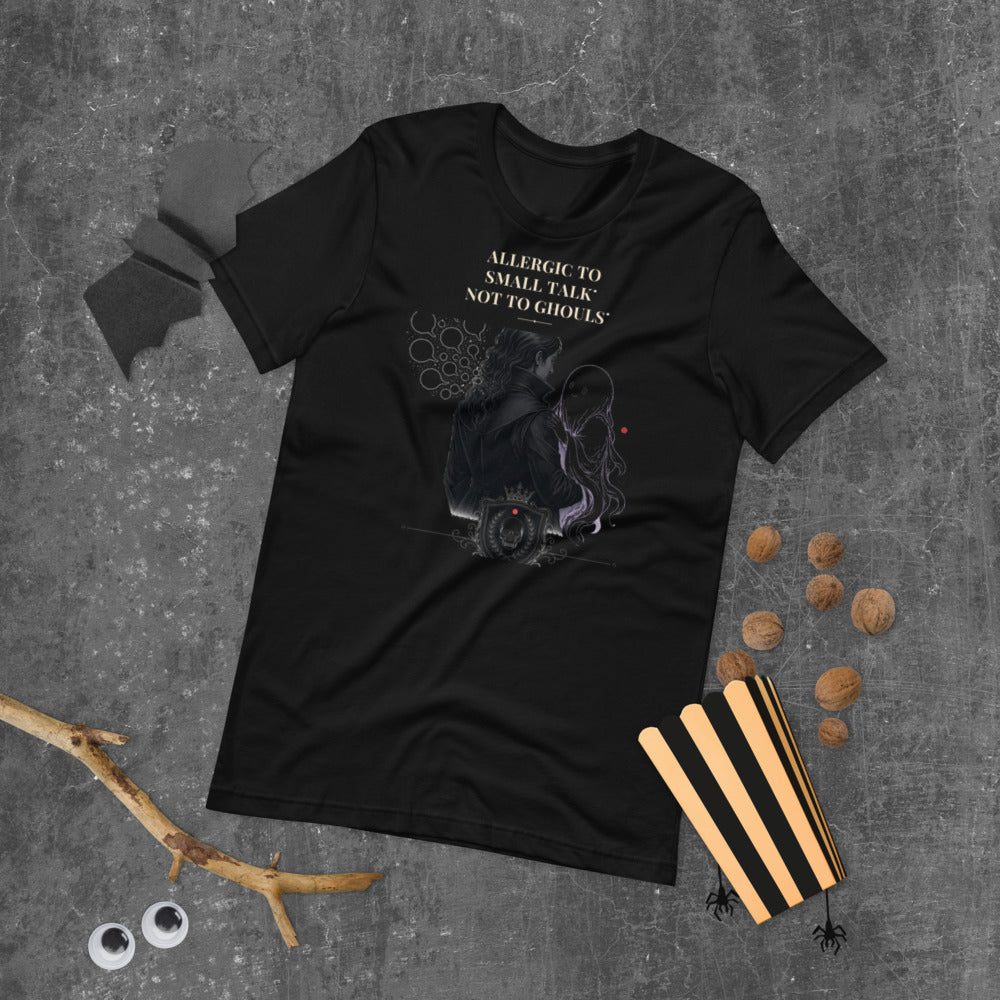 Allergic to Small Talk Not to Ghouls Tee mockup — Black