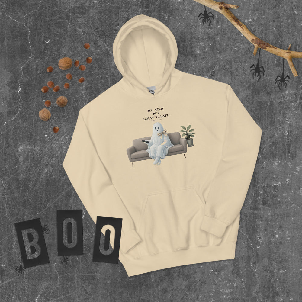 Haunted But House-Trained Hoodie mockup — Soft Cream