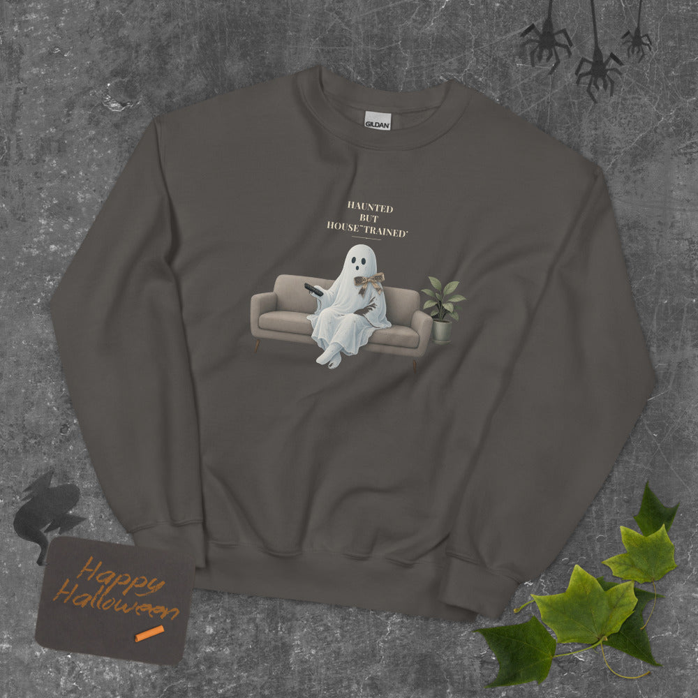 Haunted But House-Trained Sweatshirt mockup — Charcoal