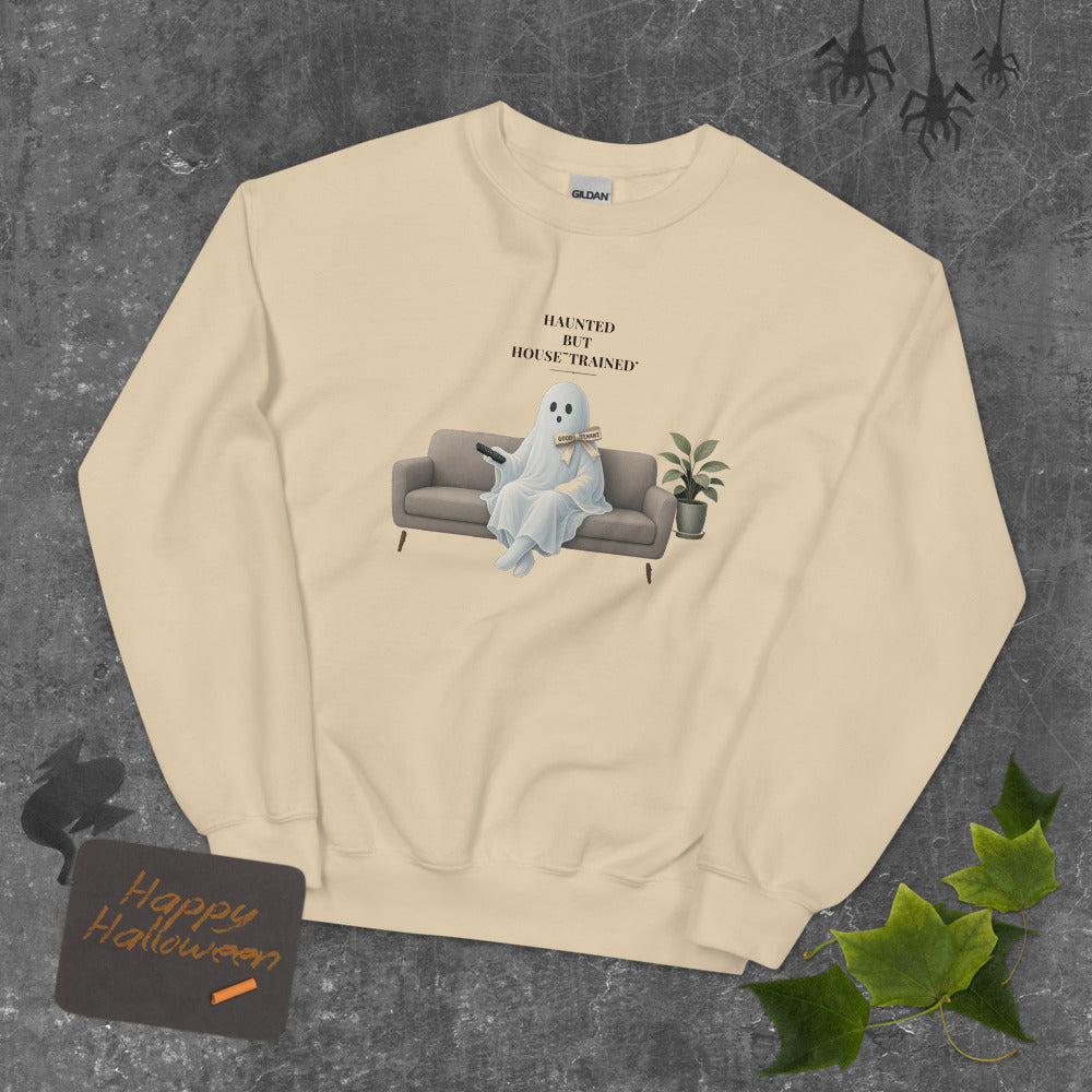 Haunted But House-Trained Sweatshirt mockup — Soft Cream