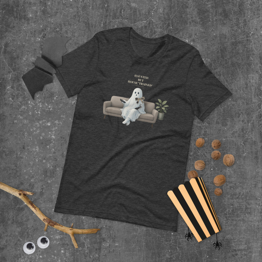 Haunted But House-Trained Tee mockup — Charcoal
