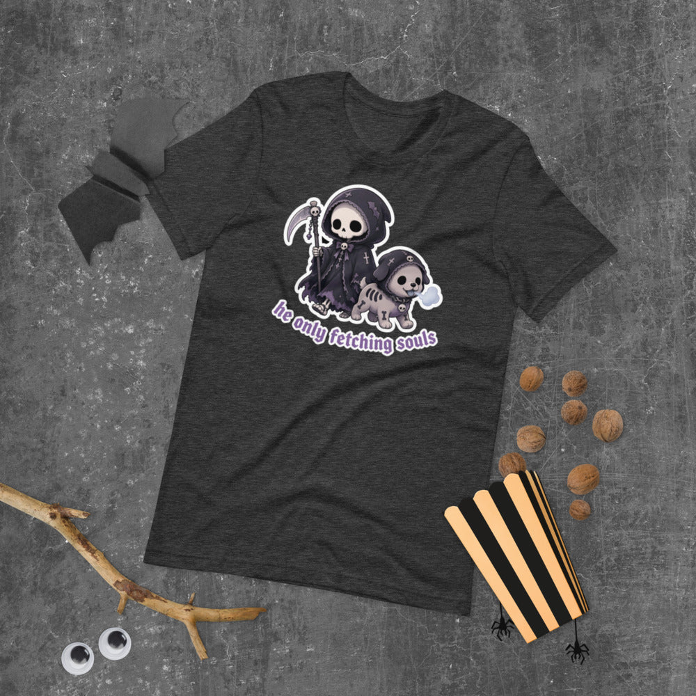 He Only Fetching Souls Tee mockup — Charcoal