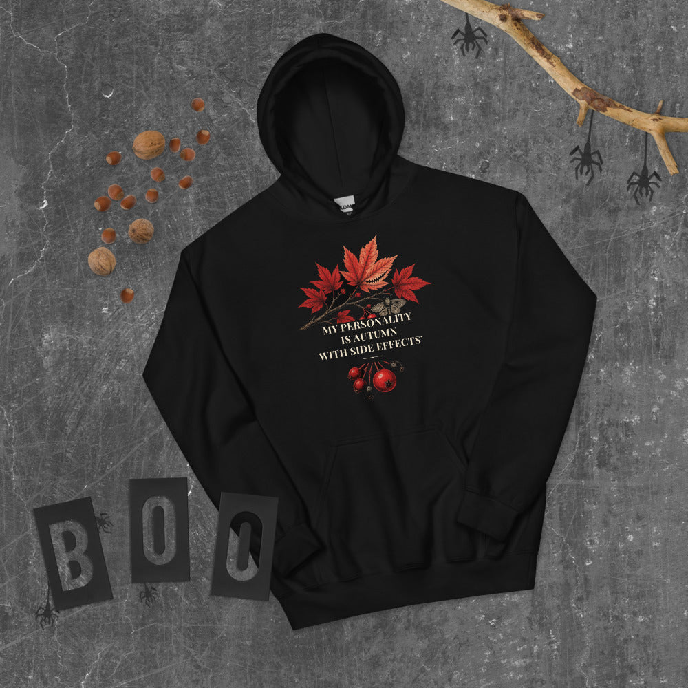 Autumn Side Effects Hoodie mockup — Black