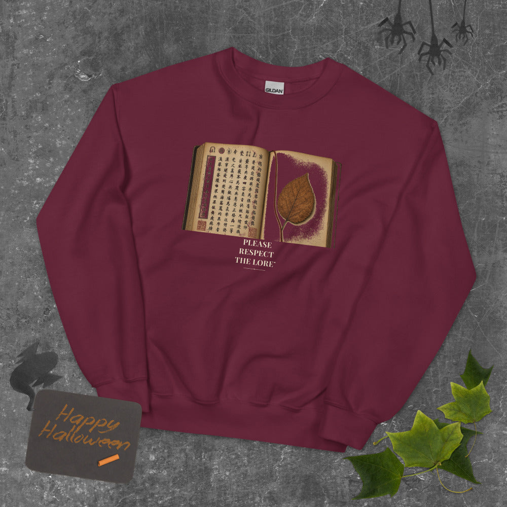 Please Respect the Lore Sweatshirt mockup — Oxblood