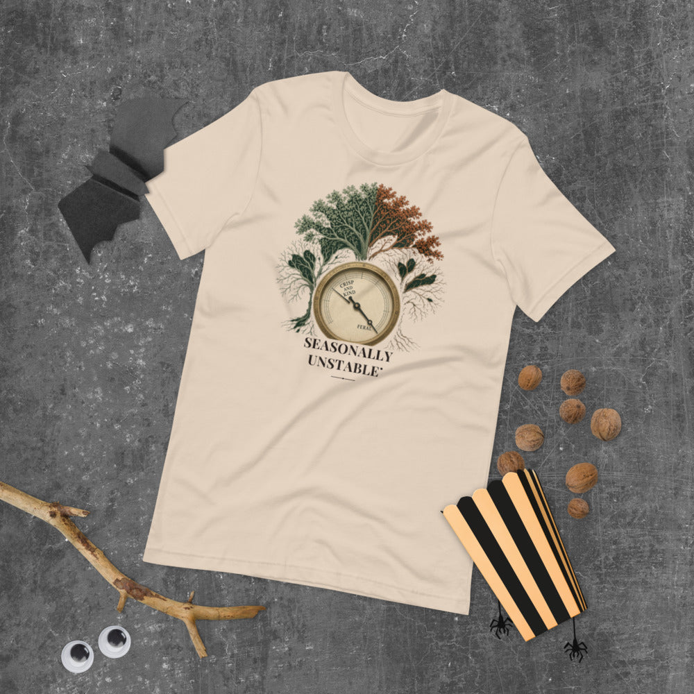Seasonally Unstable Tee mockup — Soft Cream
