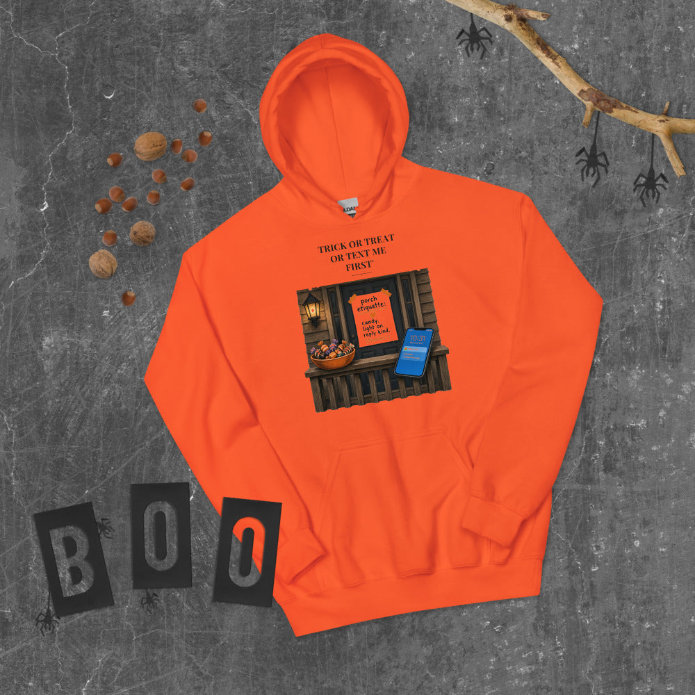 Trick or Treat Text Me First Hoodie mockup — Rust