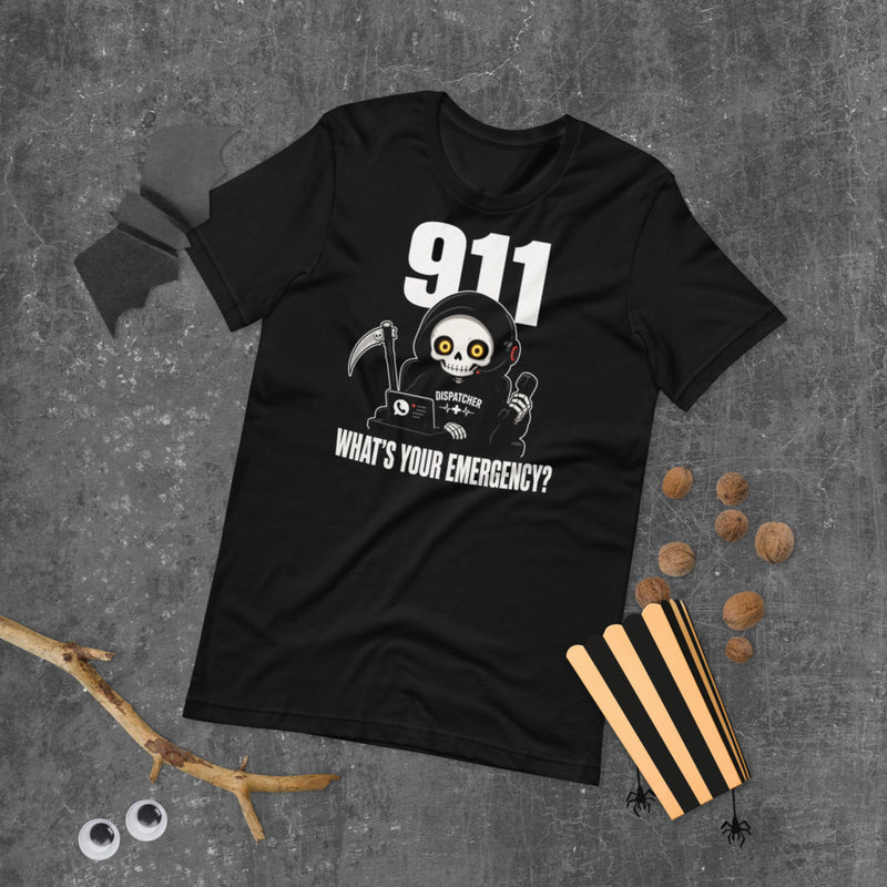 911 What's Your Emergency Tee mockup — Black