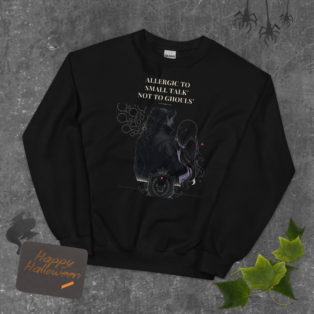 Allergic to Small Talk Not to Ghouls Sweatshirt mockup — Black