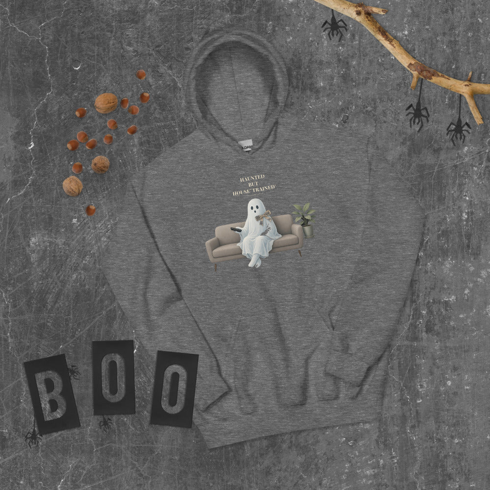Haunted But House-Trained Hoodie mockup — Charcoal