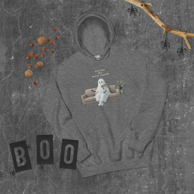 Haunted But House-Trained Hoodie mockup — Charcoal