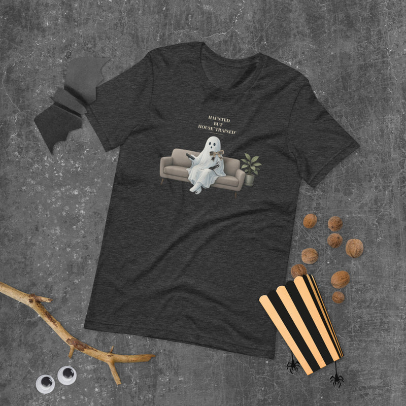 Haunted But House-Trained Tee mockup — Charcoal