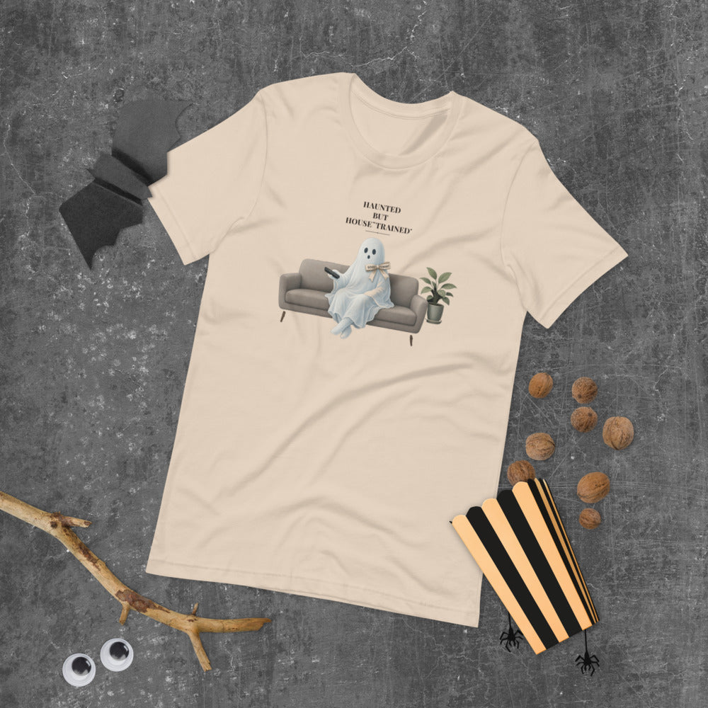 Haunted But House-Trained Tee mockup — Soft Cream