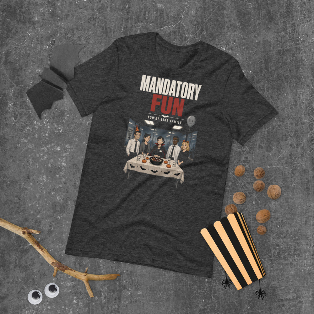 Mandatory Fun Tee mockup — Charcoal