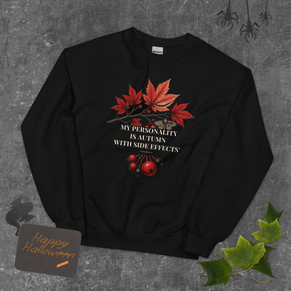 Autumn Side Effects Sweatshirt mockup — Black