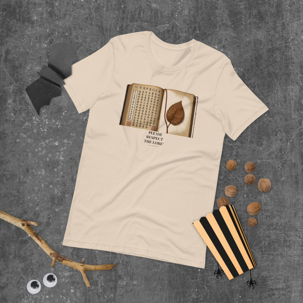 Please Respect the Lore Tee mockup — Cream