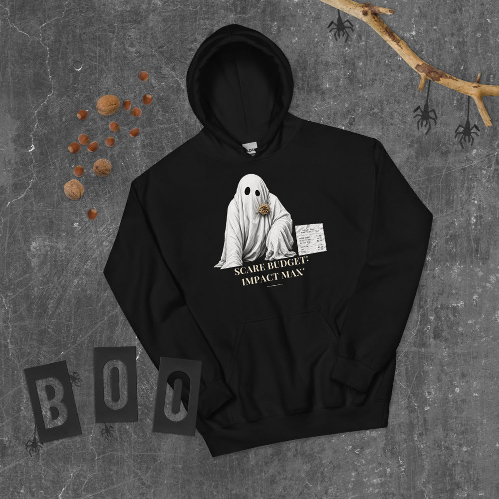 Scare Budget Impact Max Hoodie mockup — Black