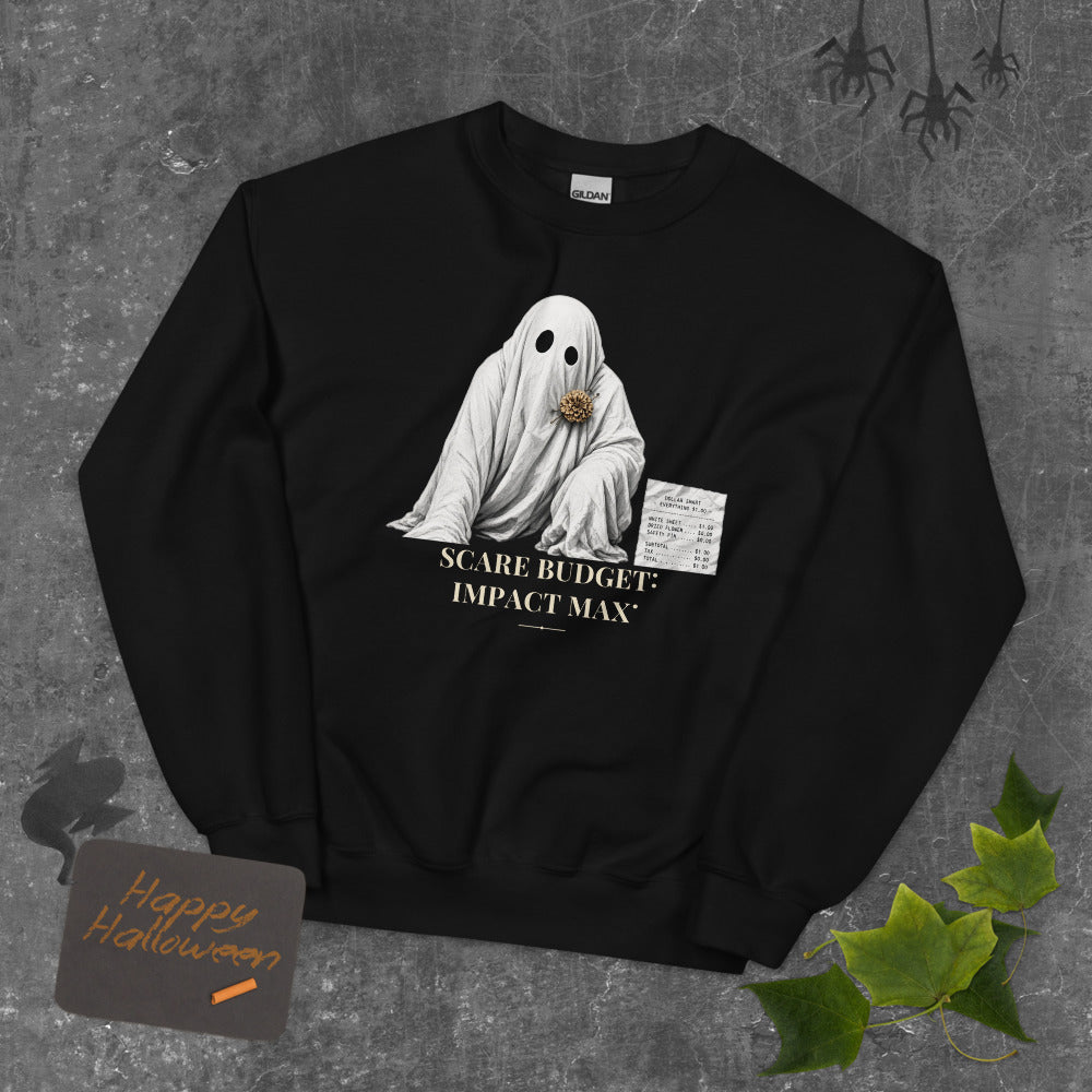 Scare Budget Impact Max Sweatshirt mockup — Black
