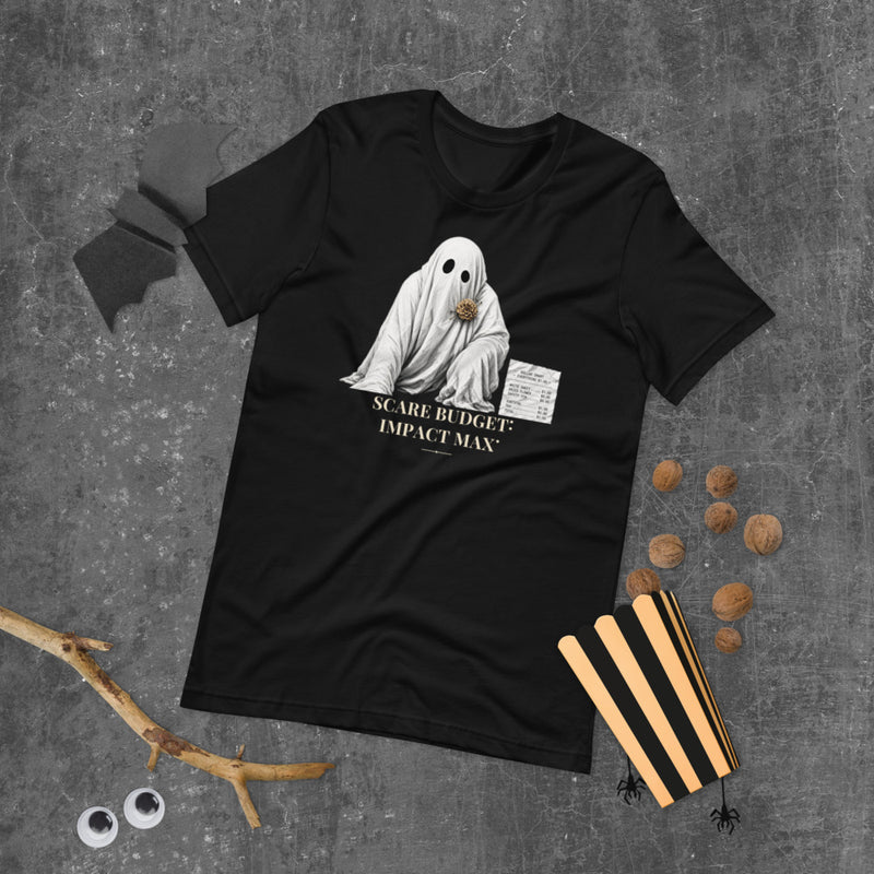 Scare Budget Impact Max Tee mockup — Black