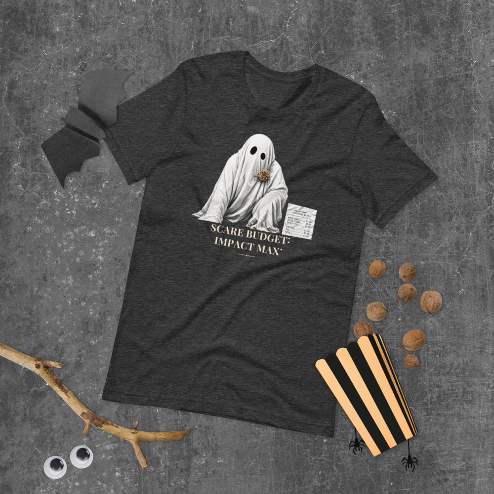Scare Budget Impact Max Tee mockup — Charcoal