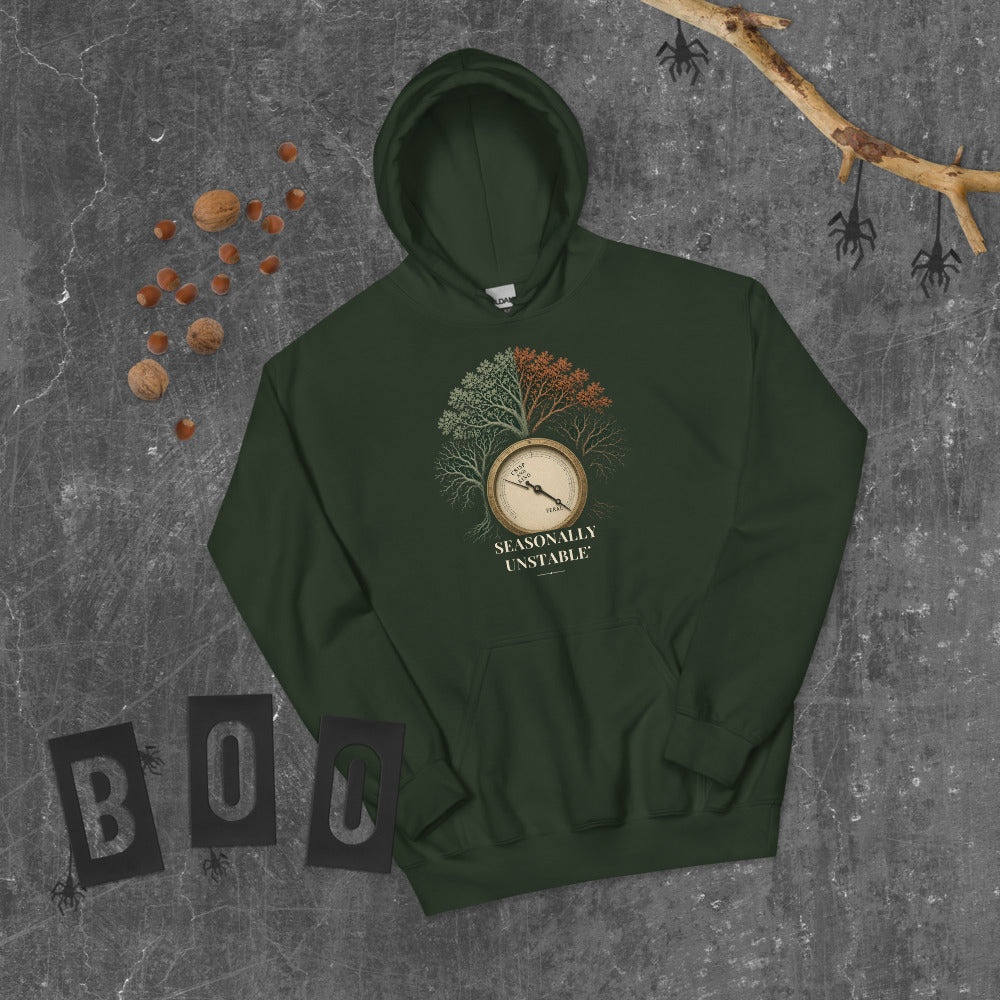 Seasonally Unstable Hoodie mockup — Forest