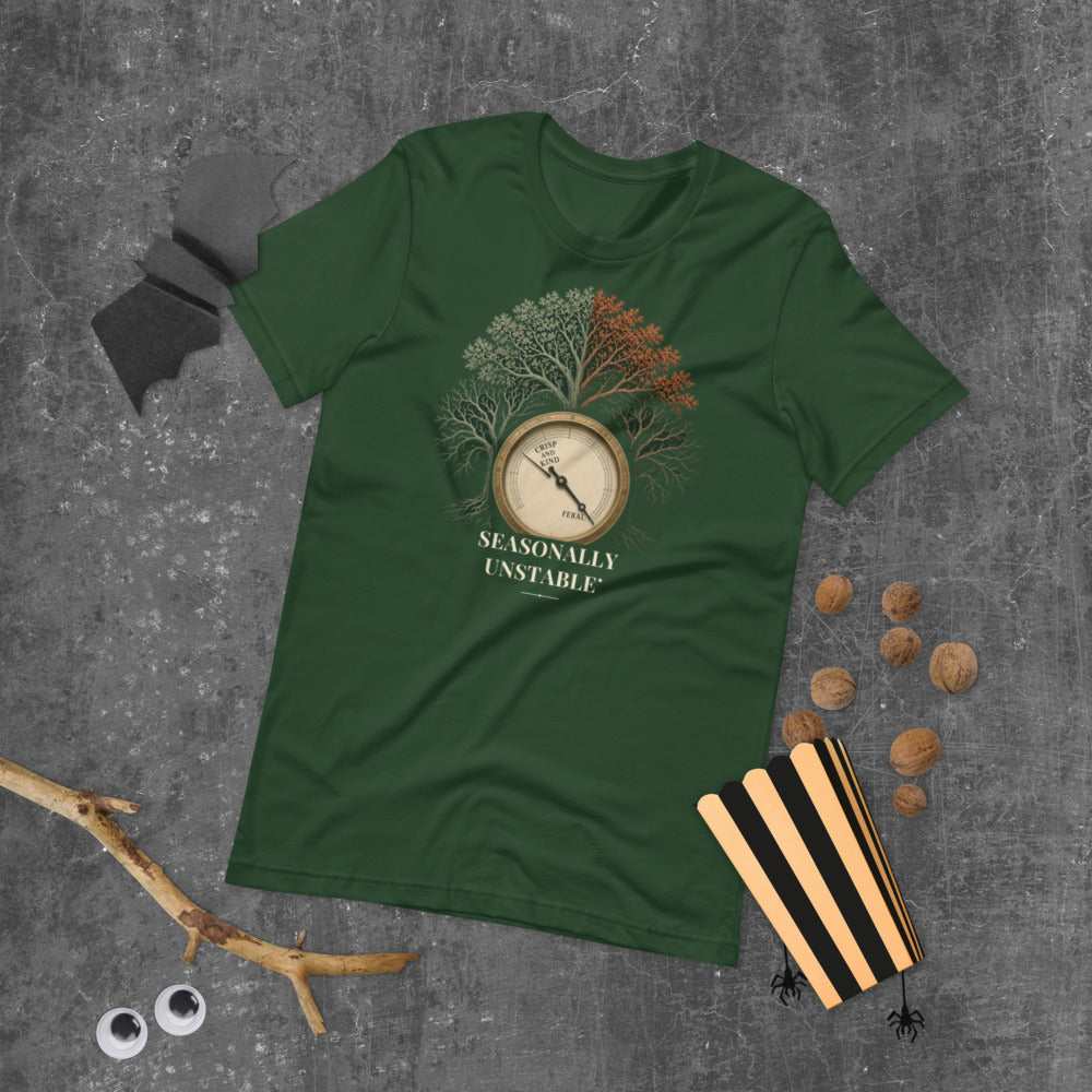 Seasonally Unstable Tee mockup — Forest