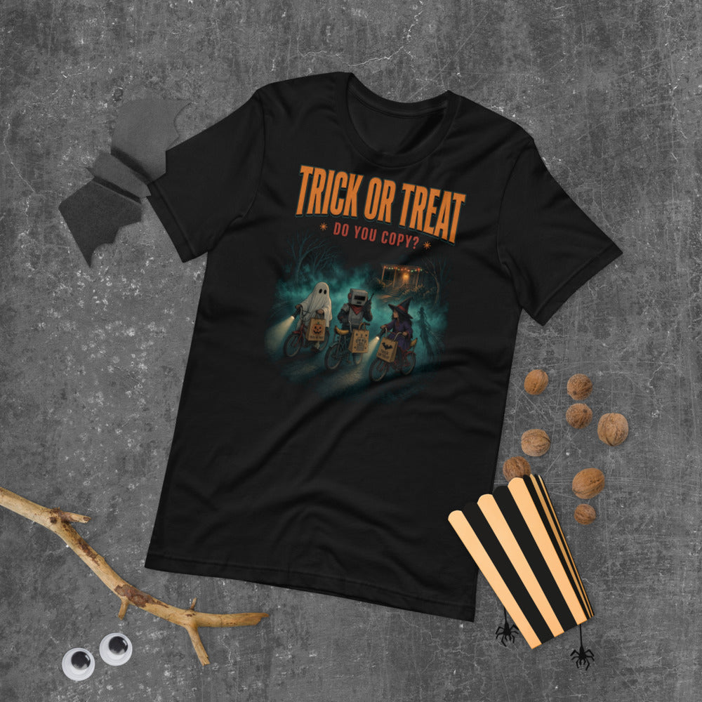 Trick or Treat Do You Copy Tee mockup — Black