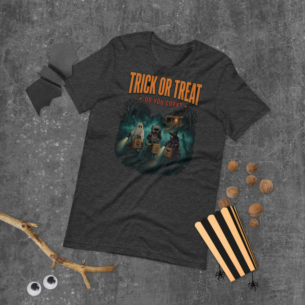 Trick or Treat Do You Copy Tee mockup — Charcoal