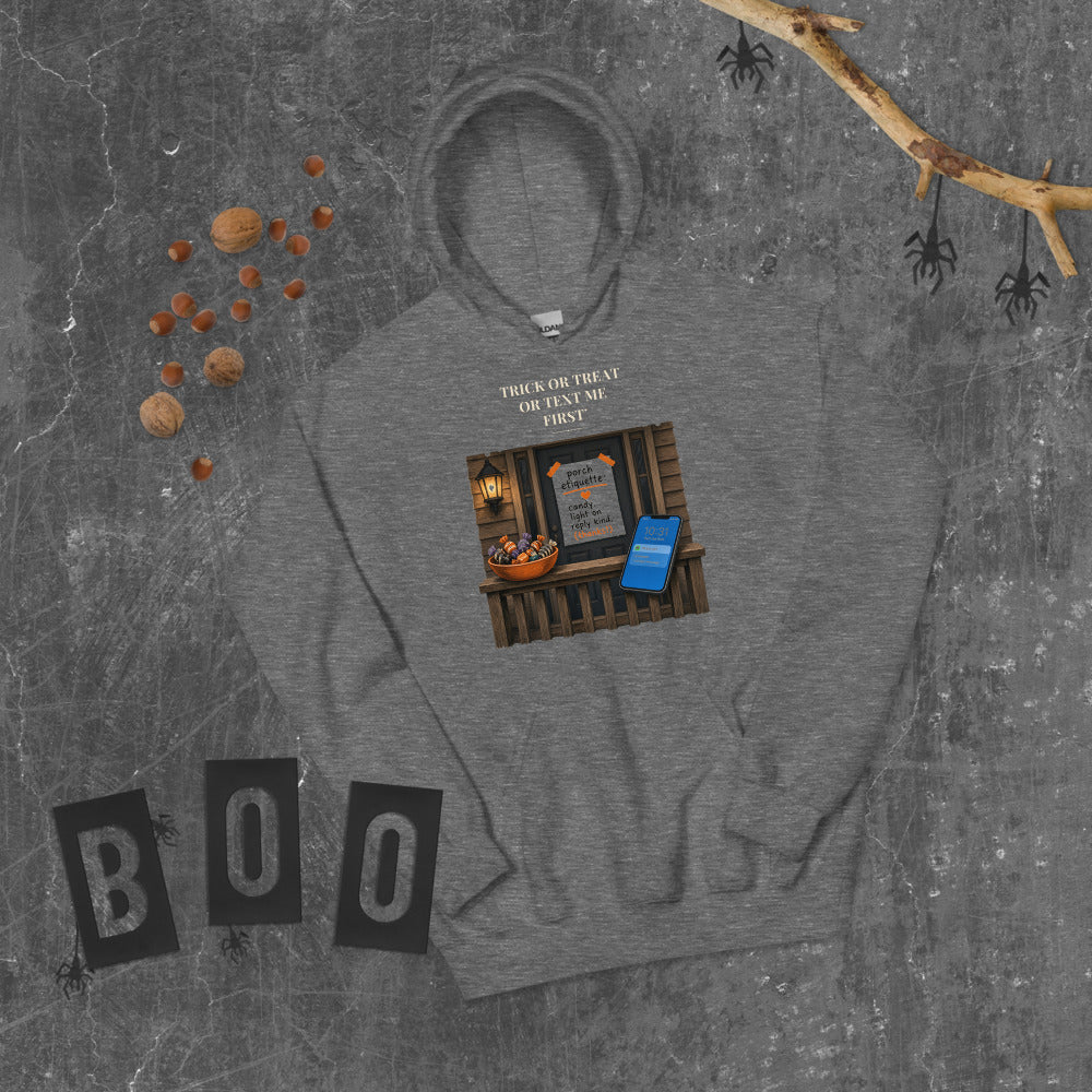 Trick or Treat Text Me First Hoodie mockup — Charcoal