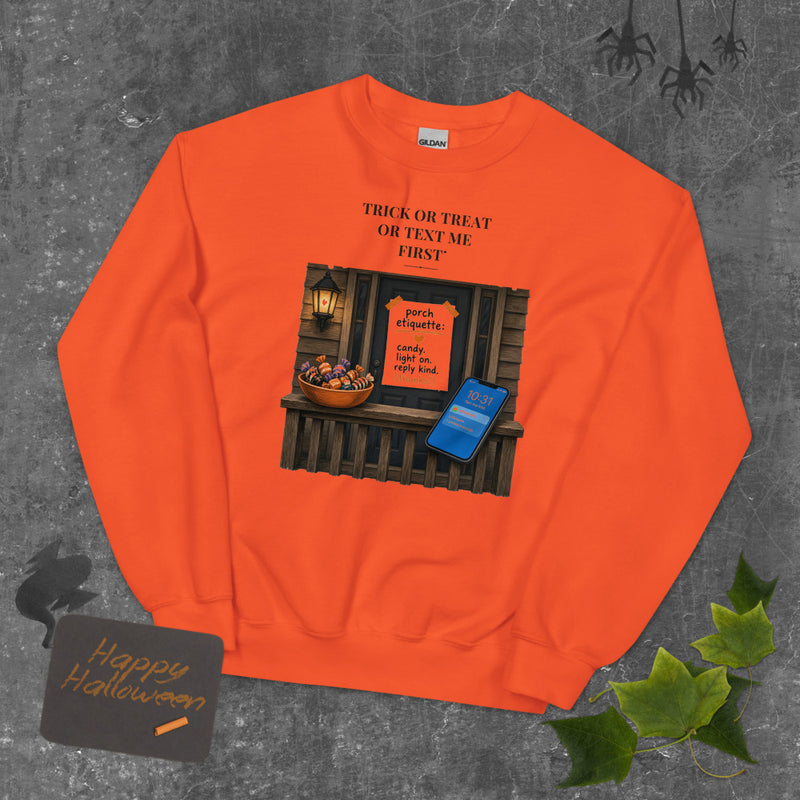 Trick or Treat Text Me First Sweatshirt mockup — Rust
