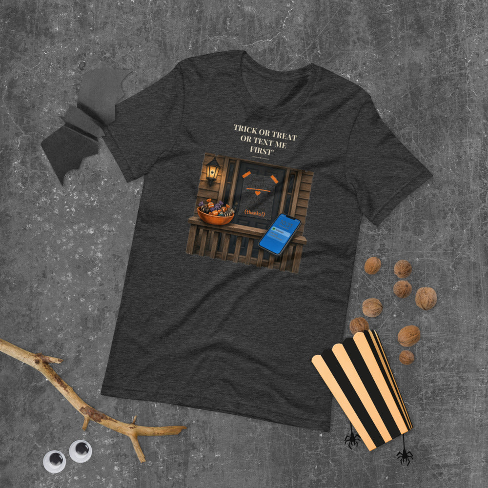 Trick or Treat Text Me First Tee mockup — Charcoal