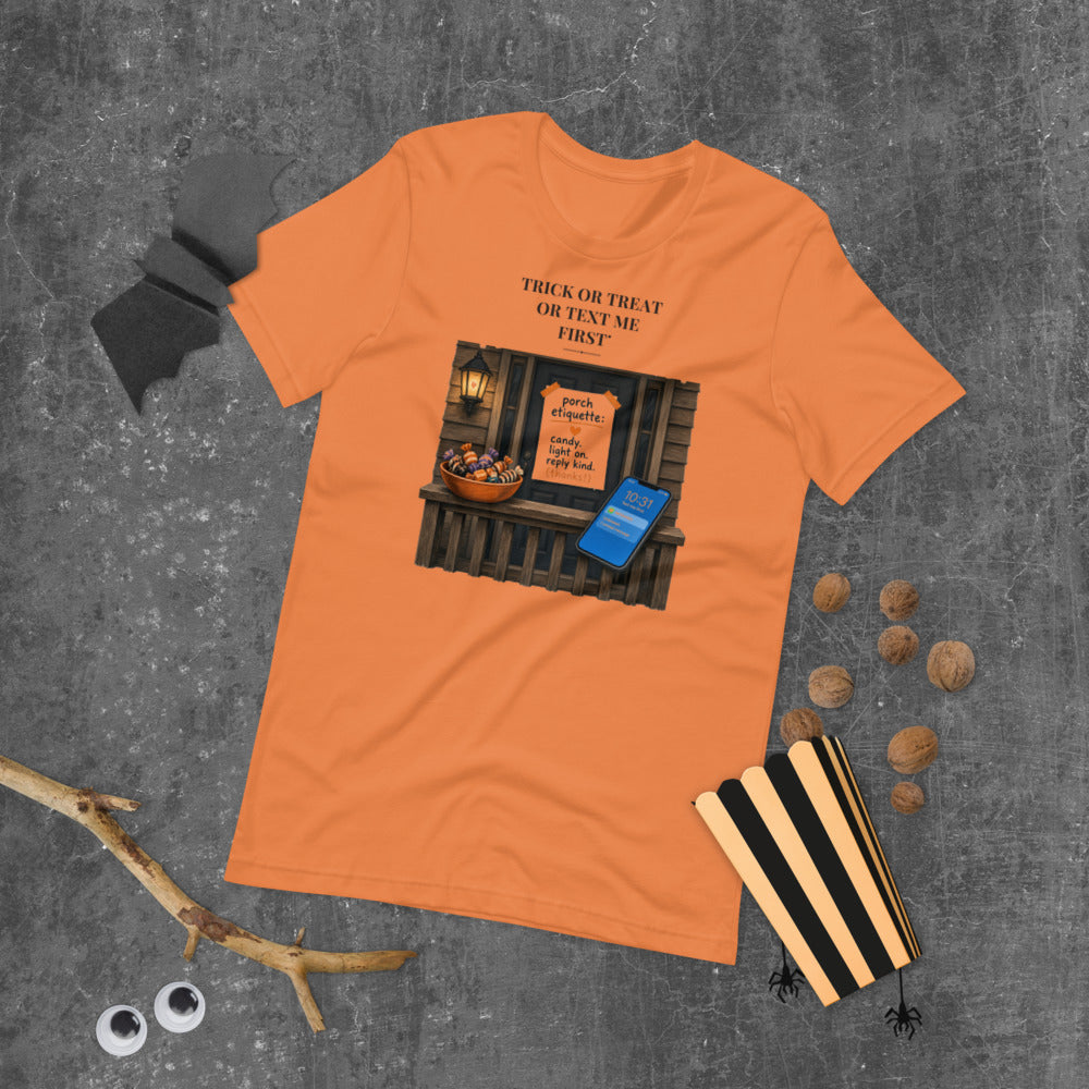 Trick or Treat Text Me First Tee mockup — Rust
